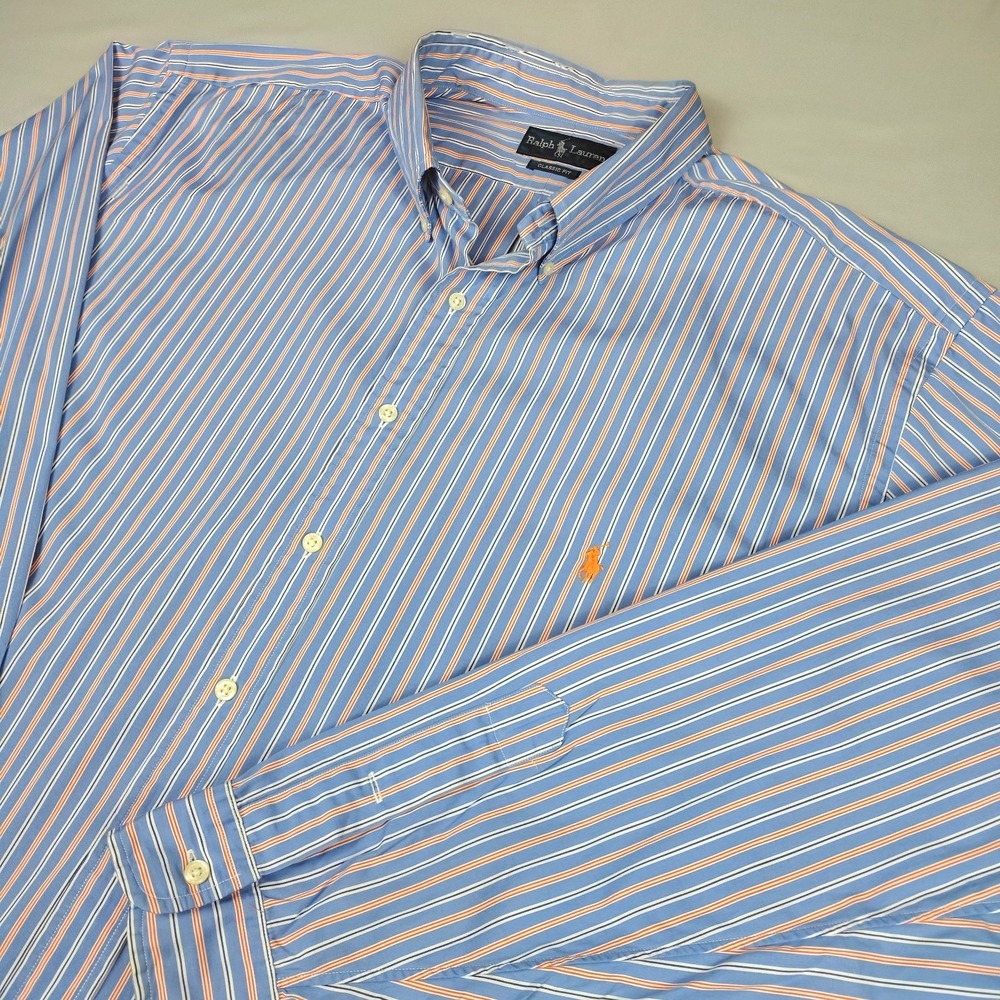 Ralph Lauren Shirt Men 3XLT Tall Blue Orange Striped Classic Fit Preppy Pony